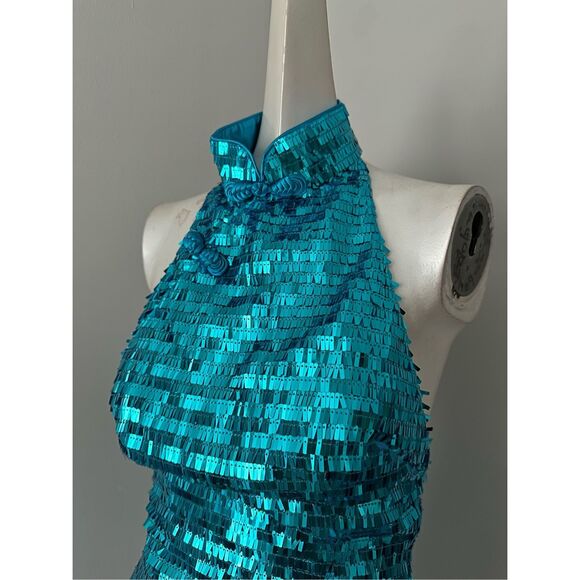NWT Sau Lee Sequins Sleeveless Open Back Mae Mini Dress Peacock Blue Size 0 $395 - Picture 7 of 12